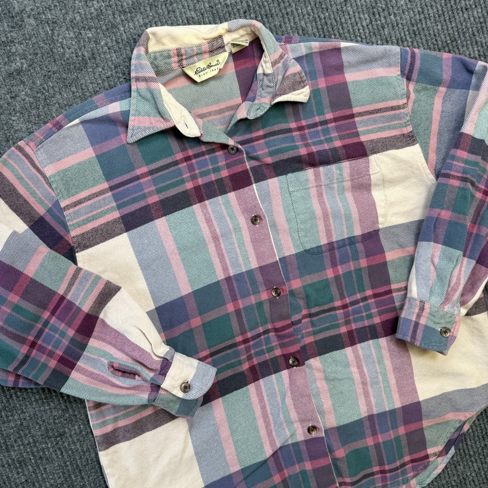 VTG Eddie Bauer Flannel Shirt Wmens Small Purple Cream Plaid Relaxed Overshirt